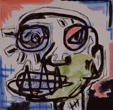 Eine abstrakte Zeichnung eines Schädels, skizzenhaft mit leuchtenden Farben. Der Schädel hat große, expressive Augen und eine verzerrte Mundpartie, umgeben von schlichten geometrischen Formen und bunten Hintergründen.