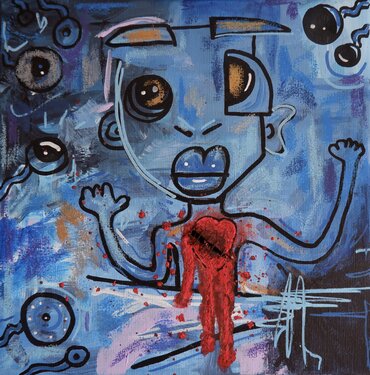 Eine stilisierte Figur mit einem blauen Gesicht und großen Augen steht im Vordergrund. Ihr Herz, in leuchtendem Rot und blutenden Farben, ist sichtbar. Die Figur streckt einen Arm nach oben, während sie einen schockierten Ausdruck zeigt. Der Hintergrund ist in verschiedenen Blautönen gehalten.